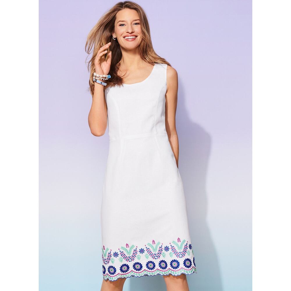 Talbots Womens 6P White Blue Embroidered Linen Sleeveless Lined Shift Mini Dress